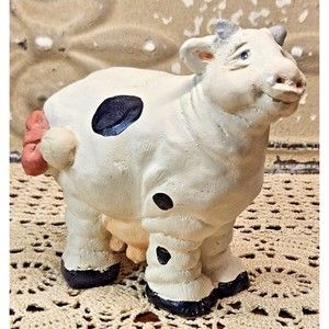 Vintage Cast Art Industries Cow Figurine w/ Pink Ribbon Signed & Dated 1991